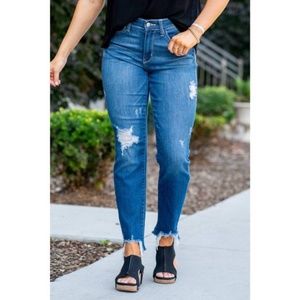 Judy Blue Women's Mid Rise Shark Bite Sharks Slim Fit Jeans Dark Blue 27 NWT